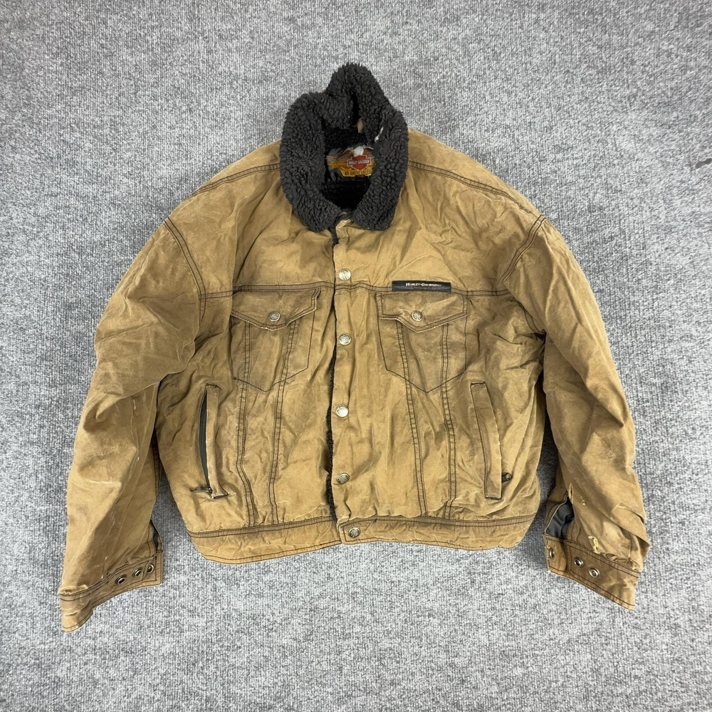 Vintage Harley-Davidson Jacket Mens 2XL Brown Waxed Canvas Sherpa Lined USA